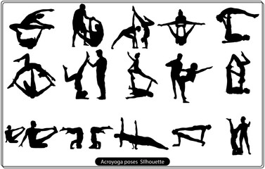 Set of editable vector silhouettes of woman in various acroyoga positions
