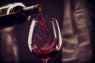 Fotobehang Rotwein fließt aus einer Flasche in ein Weinglas mit Platzhalter im Hintergrund - Generative Ai © Sarah