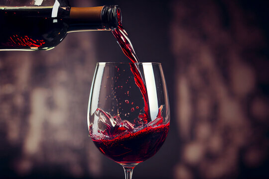 Rotwein fließt aus einer Flasche in ein Weinglas mit Platzhalter im Hintergrund - Generative Ai