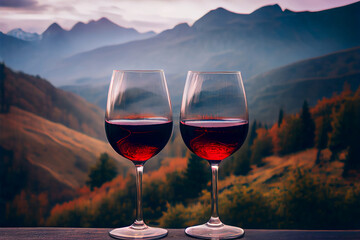 Zwei Gläser Rotwein. Fantastische Aussicht auf die Weinberge im Hintergrund - Generative Ai  - obrazy, fototapety, plakaty