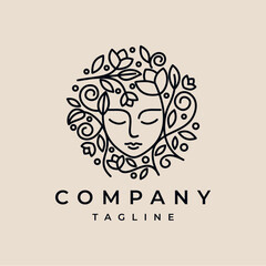Line Art Natural Floral Beauty woman face logo design