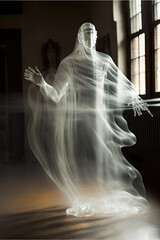 Photography of a transparent, translucent ghost in slow motion. Generative ai
