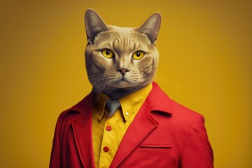 Brown cat in a man's red suit and yellow studio background. Generative AI