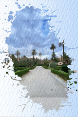 Perspective road with palm trees and cloudy sky, watercolor effect, wallpaper, printable gift. 