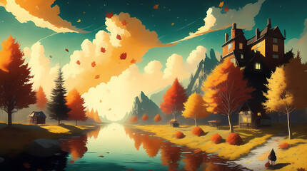 Fototapeta na wymiar Vivid Autumn Fall Countryside Landscape with golden yellow trees along the path. Generative AI