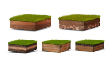 Isometric Soil Layers diagram, Cross section of green grass and underground soil layers beneath, stratum of organic, minerals, sand, clay, Isometric soil layers isolated on white