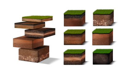 Isometric Soil Layers diagram, Cross section of green grass and underground soil layers beneath, stratum of organic, minerals, sand, clay, Isometric soil layers isolated on white