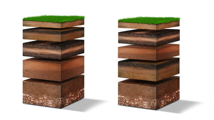 Isometric Soil Layers diagram, Cross section of green grass and underground soil layers beneath, stratum of organic, minerals, sand, clay, Isometric soil layers isolated on white