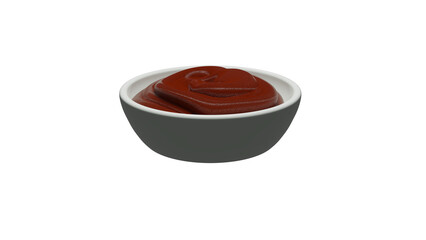 Red tomato ketchup in a white ceramic bowl isolated on transparent background. Minimal concept. 3D render