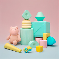 still life of children's toys in pastel colors