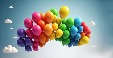 Balloons flying on blue sky. Celebration party decoration. Vivid color ballons bunch in the air. AI generative