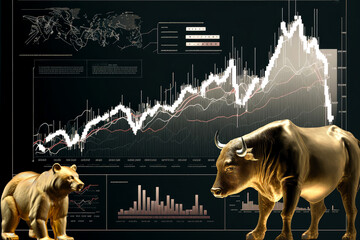 Gold chart business background with golden bull and bear, Generative AI - obrazy, fototapety, plakaty