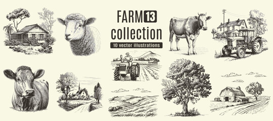 Farm animals, cows, rural houses. Hand drawn set.