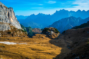 Sunset over the Dolomites. Park of the three peaks of Lavaredo.