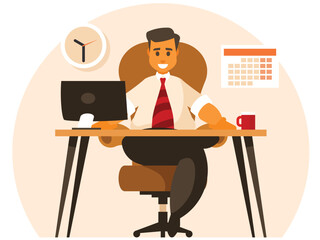 Businessman at his workplace. Man is working at his desktop pc. Vector illustration