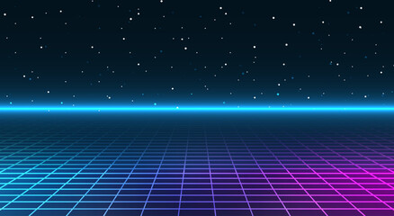Retro cyberpunk style background. Sci-Fi background. Neon light grid landscapes. 80s, 90s