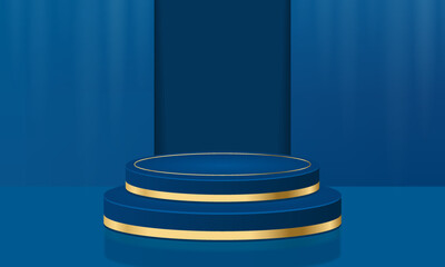 Abstract blue and gold geometric podiums. 3D realistic dark blue cylinder podium. Luxury concept background. Vector illustration