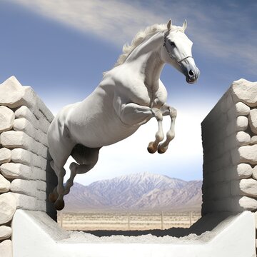 horse jumps over a big gap white horse white stone speeding race 