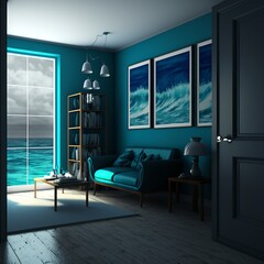 interior desing, professional room,sea blue wall sea ​​looking out the window picture of the sea on the wall modern 