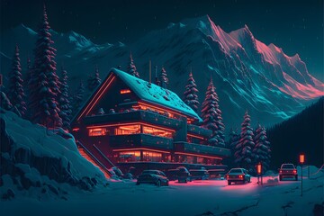 A neon-lit ski resort, generative ai
