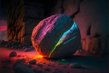 A neon-lit rainbow stone, generative ai