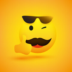 Smiling Emoji - Simple Happy Winking Yellow  Emoticon with Mustache and Sunglasses Showing Thumbs Up - Vector Design for Web and Instant Messaging Apps
