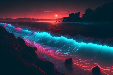 A neon-lit sunset over the ocean with a magic wave, generative ai