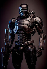 Naklejka premium Robots. Soldier Robot hyper realistic. Conceptual project 2025. Futuristic interpretation. Illustration for advertising, cartoons, games, blockbusters, print media. My collection. Generative AI