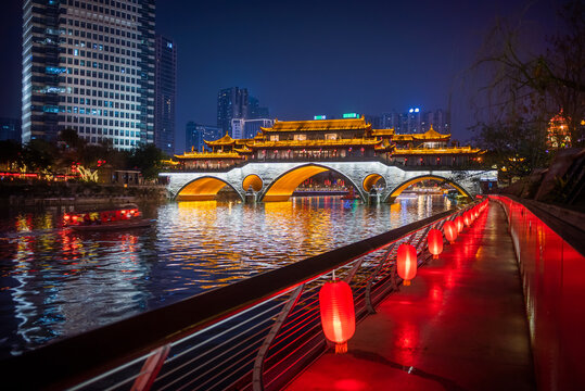 Chengdu Anshun bridge and Jinjiang river at night with Chinese lanterns, Sichuan province, China