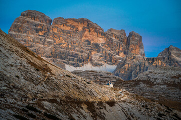 Dusk on the Dolomites. Park of the three peaks of Lavaredo.