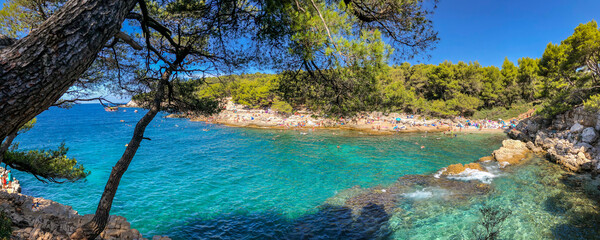 Panorama View of Cyclone Beach in Croatia. Beautiful Summer Sunny Paradise with Adriatic Sea in Pula.