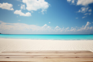 Naklejka premium Copy space of tabletop on tropical beach with blue sky and white clouds abstract background. Product presentation in nature concept. Generative AI