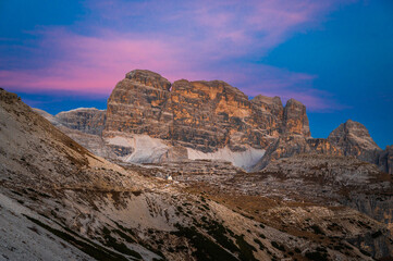 Dusk on the Dolomites. Park of the three peaks of Lavaredo.