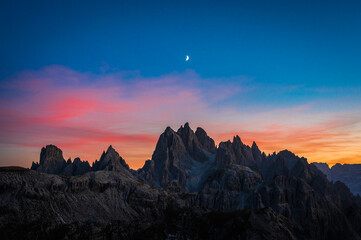 Dusk on the Dolomites. Park of the three peaks of Lavaredo.