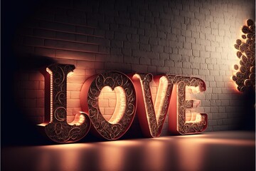 Valentines day theme with light text on wall. Generative AI