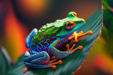 Fotobehang A colorful frog sitting on top of a green leaf, Generative AI © Kafi