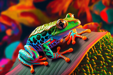 A colorful frog sitting on top of a green leaf, Generative AI