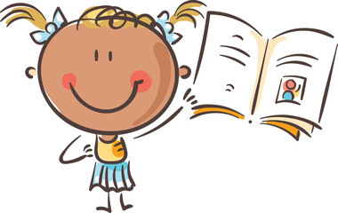 Little doodle cartoon girl holding book. Kid creative activities clipart, isolated on white, vector illustration.