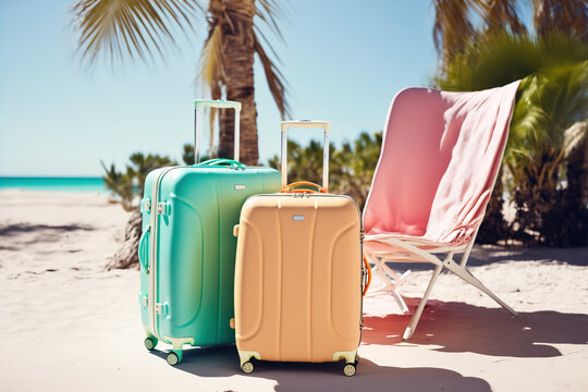 Colorful travel suitcase on the white sand beach- Summer Concept, Travel, Copy Space - Generative AI