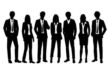 Vector silhouettes of  men and a women, a group of standing   business people, profile, black  color isolated on white background