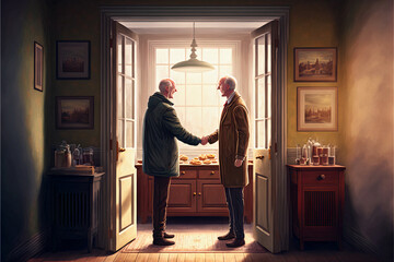 Two man handshake on a room of a private house