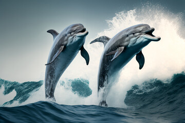 Two dolphins are jumping out of the water, Generative AI