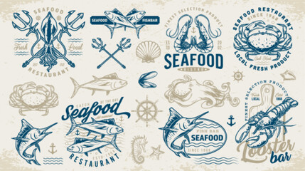 Seafood restaurant labels set colorful