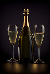 Elegante Champagnerflasche und Gl&auml;ser auf einem schwarzen Hintergrund - perfekt f&uuml;r einen besonderen Anlass. Etikettlose Flasche mit Platzhalter - Generative Ai