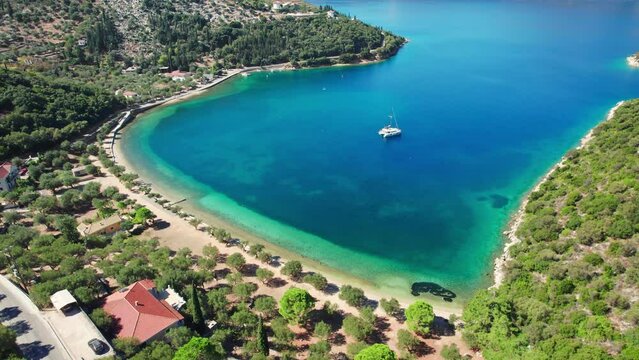 Paralia Dexia bay with turquoise sea water on Ithaca island, Kefalonia, Greece