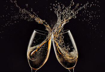 Anstoßende Sektgläser: Der perfekte Toast auf den Erfolg. Sekt spritzt in die Luft auf schwarzen Hintergrund - Generative Ai