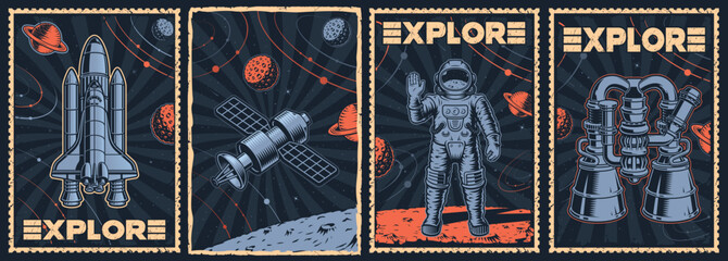 Set of vintage space posters with illustrations such as shuttle, space satellite, astronaut, rocket engine. This design can also be used as a t-shirt print.