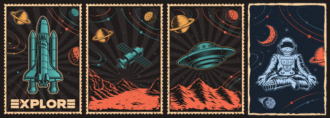 Set of vintage Space Posters with flying saucer, shuttle, space satellite, astronaut meditation. This design can also be used as a t-shirt print. 