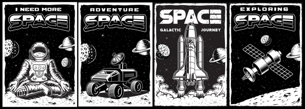 Set of black and white space posters in vintage style with shuttle, astronaut meditation, space satellite. This design can also be used as a t-shirt print.