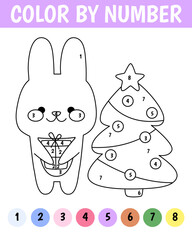 Color by number game for kids. Kawaii rabbit with gift and christmas tree. Bunny is a symbol of the year 2023. Printable worksheet with solution for school and preschool. Learning numbers activity.